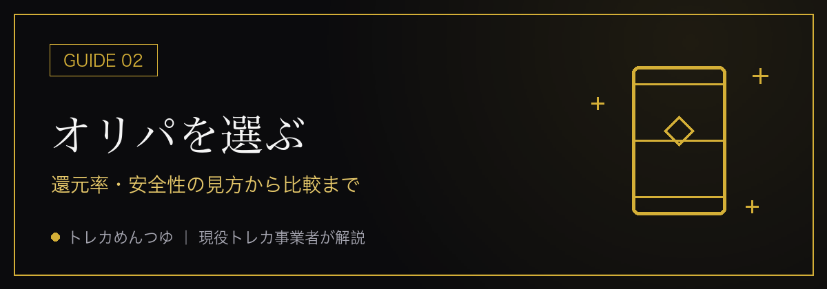オリパを選ぶ — 還元率・安全性の見方から比較まで(金線画の図解バナー)