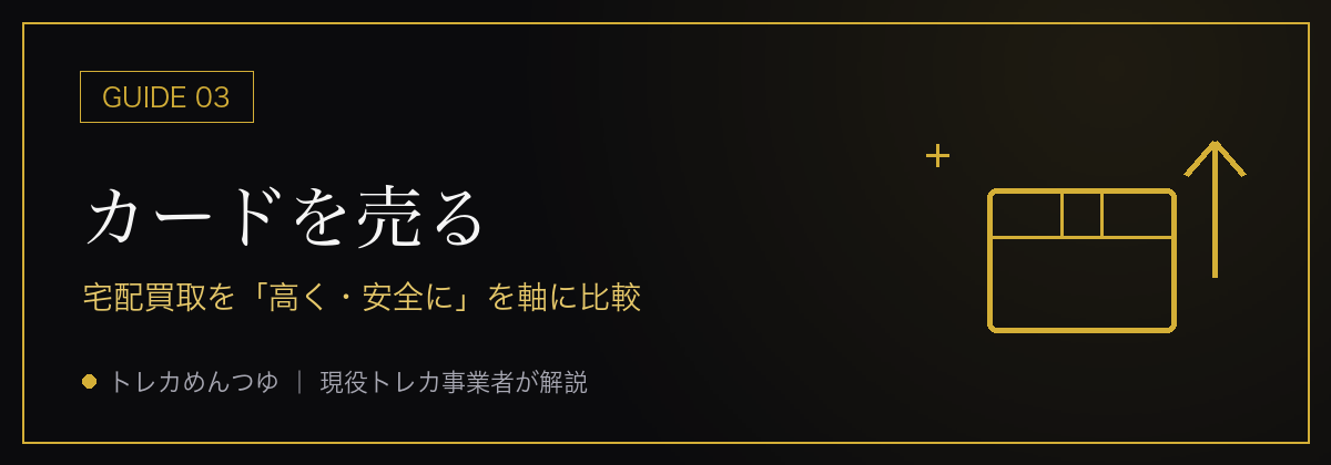 カードを売る — 宅配買取を「高く・安全に」を軸に比較(金線画の図解バナー)