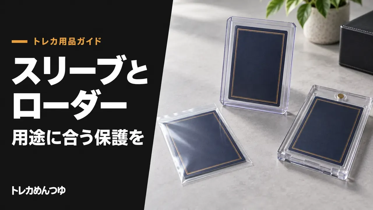 ソフトスリーブ、トップローダー、マグネットローダーを並べた用品