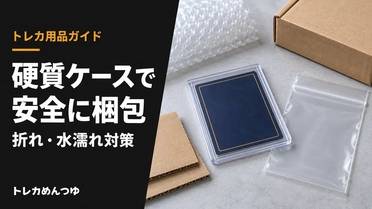 硬質ケース入りカード、OPP袋、厚紙、緩衝材を並べた梱包用品
