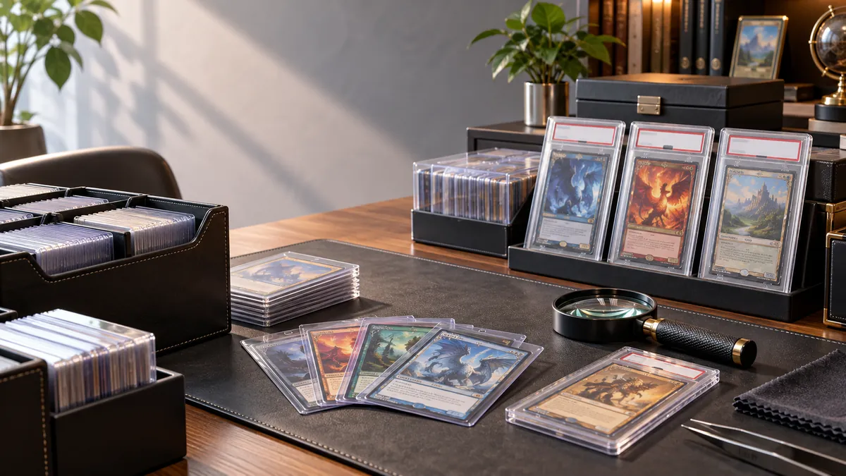 カードと保護ケース・収納用品を並べた机を表現したAI説明画像